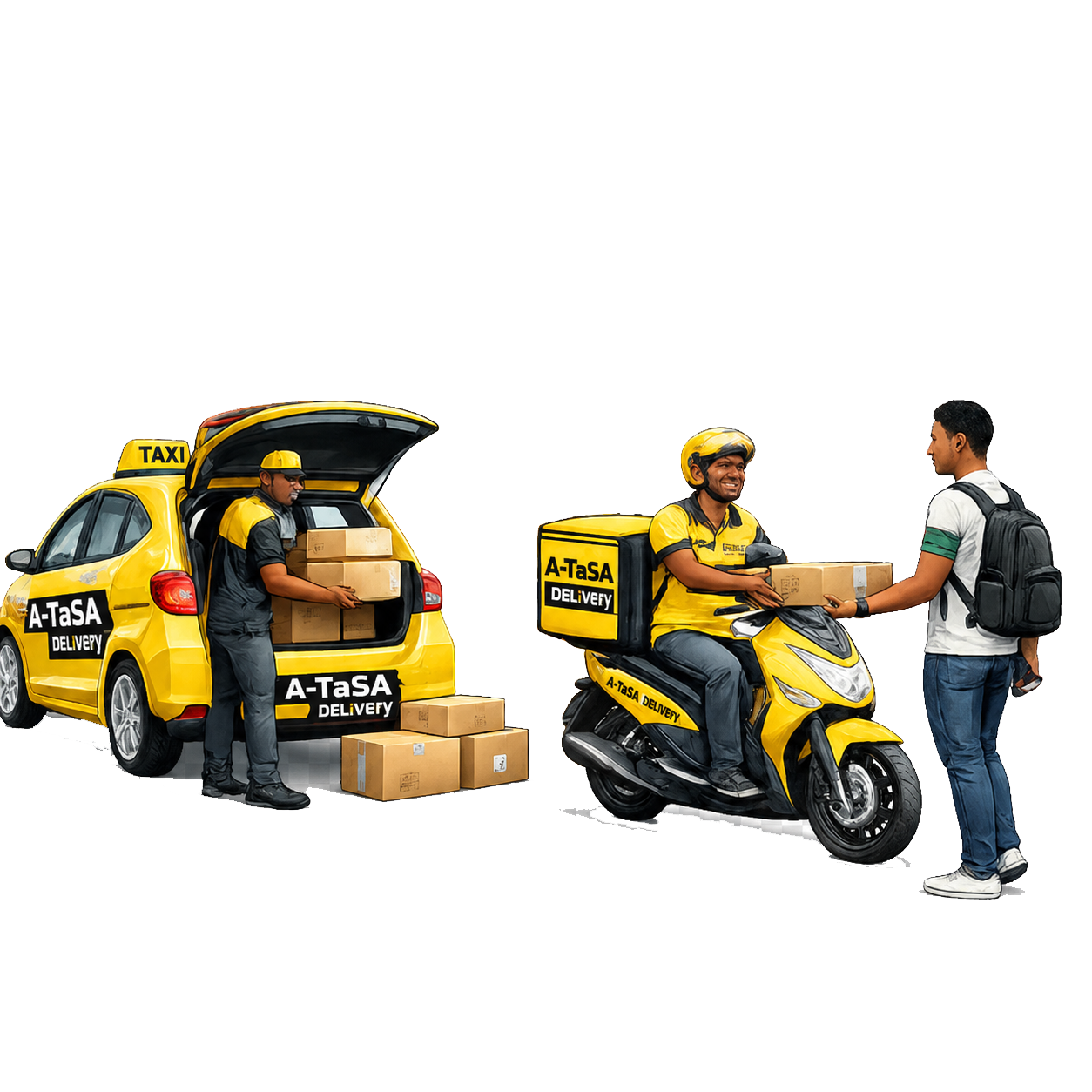 A-TaSA courier handing a parcel to a customer