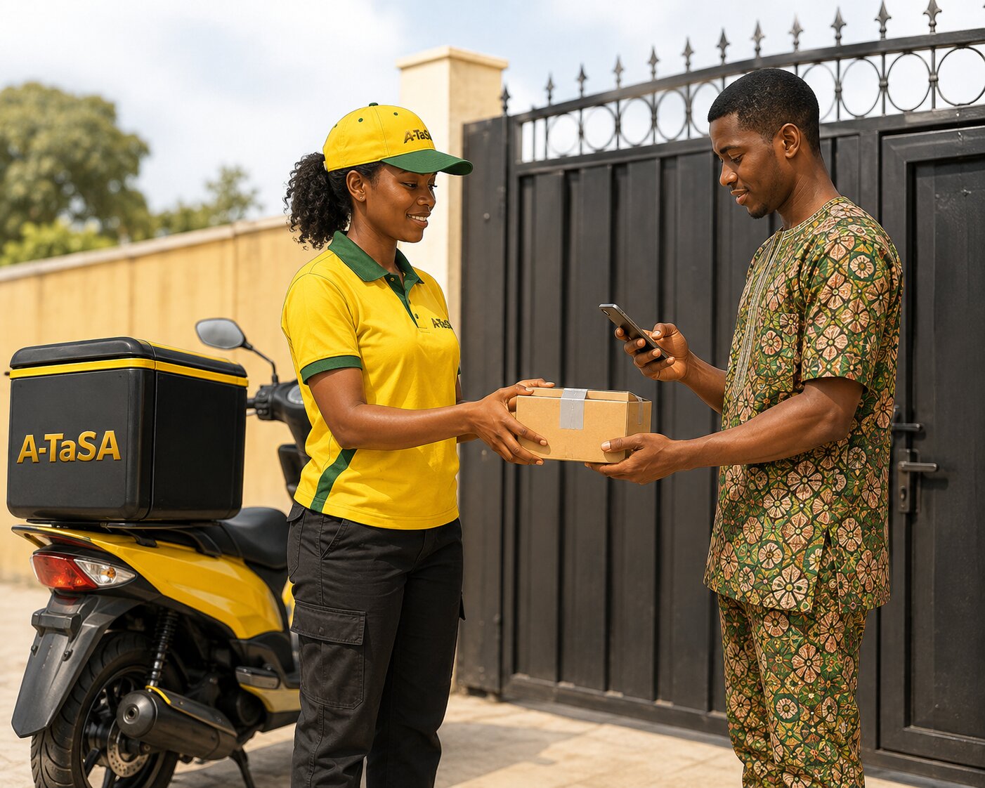 A-TaSA courier handing a parcel to its recipient, who checks a code on their phone
