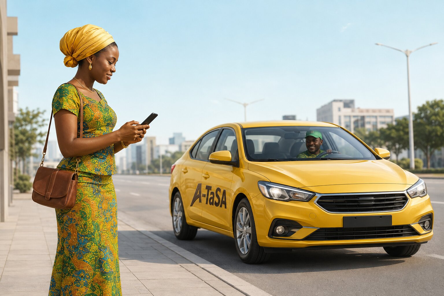 Customer checking her phone while a A-TaSA car arrives